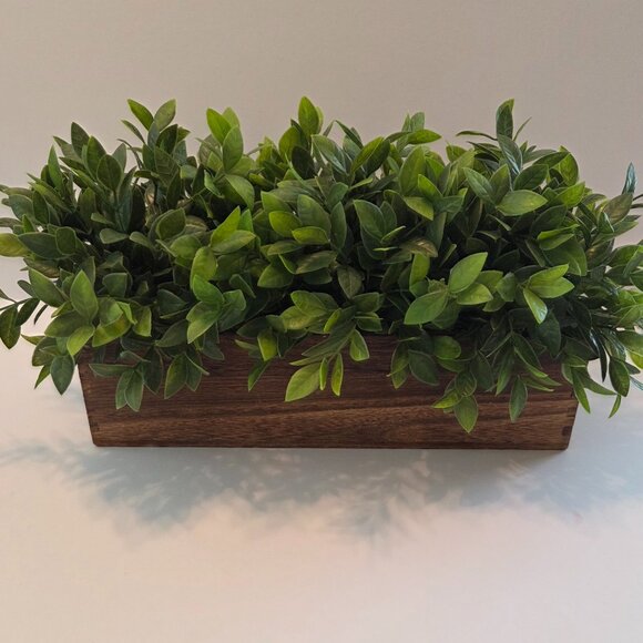 Rustic Faux Greenery in Wooden Planter Box w/Natural Pebble River Rock Detailing - Picture 1 of 11